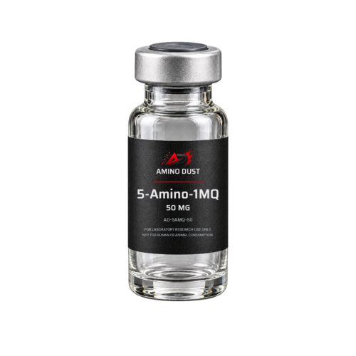 5-Amino-1MQ 50 mg rendered packaging mockup Amino Dust vial: 5-Amino-1MQ 50 mg